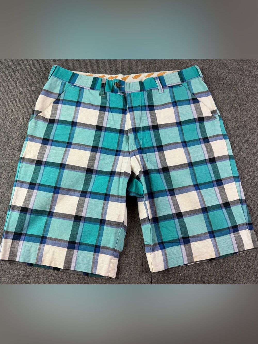 Loudmouth Mens 100% Cotton F/F Plaid 10" Golf Shorts Size 34 Green/Blue